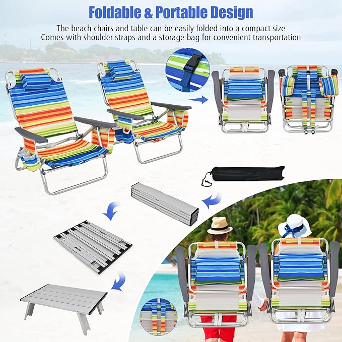 Tangkula Backpack Beach Chair with Table, 5-Position Lay Flat Beach Chairs with Cooler Bag, 2 Cup Holders, Towel Bar, Lightweight Low Folding Beach Chair with Backpack Straps