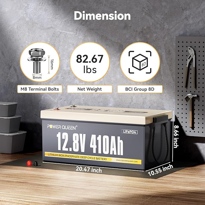 Power Queen 12V 410Ah LiFePO4 RV Battery, 5248Wh Energy Lithium Iron Phosphate Battery 250A BMS, 15000+ Cycle Times 10-Year Lifetime, for Solar System, RV Camping, Off-Grid, Trailer, Camper