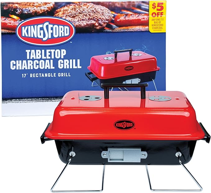 Kingsford Tabletop Charcoal Grill, Portable, Compact Grilling and BBQ, 17" Rectangular, 170 Sq In Cooking Surface