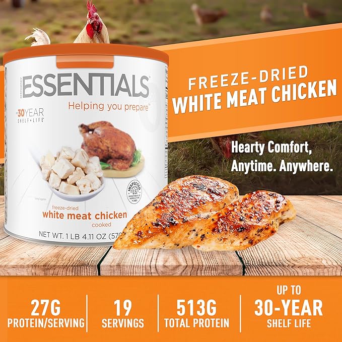 Emergency Essentials Freeze-Dried White Meat Chicken #10 Can – 25-Year Shelf Life, 19 Servings, 513g Protein – Bulk Food, Long-Term Emergency Food Supply & Storage