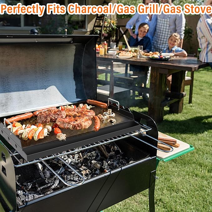 YACONA 23＂×16＂ Nonstick Universal Griddle for Gas Grill, Muti-Purpose Cooking Cast Iron Griddle with Grease Groove, Pre-Seasoned Flat Top Plate Insert for Camping, Tailgating, Parties