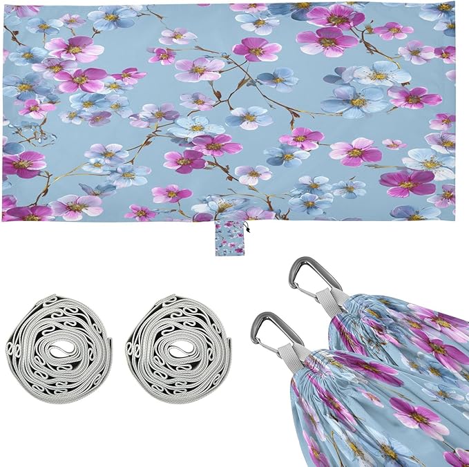 Blue Background Pink Flowers Camping Hammock Single Portable Hammocks 330 lbs Capacity with 2 Tree Straps and Attached Carry Bag,Perfect for Outdoor,Indoor,Beach,Camping,Travel