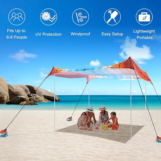 Beach Tent, Beach Canopy Sun Shade Sail UPF 50+, Portable 10×10 FT Camping Sun Shelter with Sandbags, Poles, Ground Pegs and Anti-Wind Ropes for Outdoor, Backyard, Picnics, Sport, Fishing