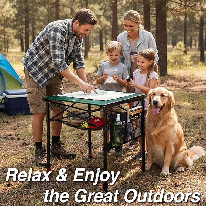 Portable Camping Table with Adjustable Height, Lightweight Aluminum Roll Top Folding Camp Table with Storage Pockets & Dual-Compartment Bag, Heat-Resistant, for RV, Picnic, BBQ, Outdoor (L)