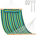 Lazy Daze Hammocks 12 FT Quilted Fabric Double Hammock with Spreader Bars and Detachable Pillow, 450lbs Weight Capacity, Blue Green Stripes