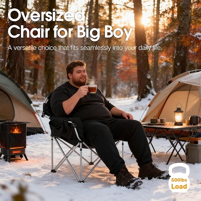 SunSettler Heated Camping Chair, Oversized Heated Outdoor Chairs for Adults with 3 Heat Levels, Portable Folding Padded Chair for Camp, Lawn, Sports (Battery NOT Included) (Black, Oversized)