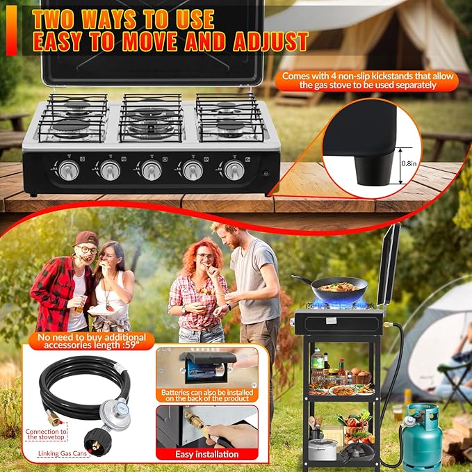 5 Burner Propane Gas Stove,400000BTU Portable Gas Stove with Support Leg Stand and Wind Blocking Cover Adapter Auto Ignition Camping Stove,propane burner for RV, Apartment, Outdoor Cooking
