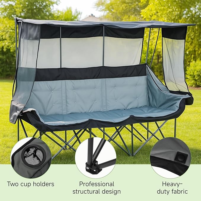 Oversized 3 Person Camping Chair with Canopy Shade Fully Padded Outdoor Folding Camping Chair Suitable For Outdoor Camping, Lawns, And Backyards Equipped With Cup Holders And A Portable Storage Bag