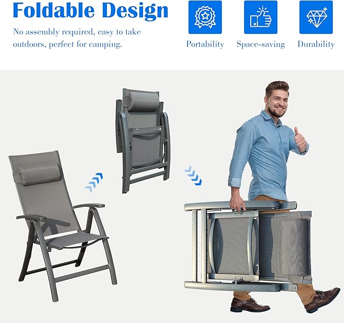 Domi Patio Folding Chairs Set of 2, Outdoor Reclining Chairs Set with Moveable Headrest, Aluminum Frame Outdoor Patio Portable Chairs with Adjustable High Backrest and Textilene Fabric Seat