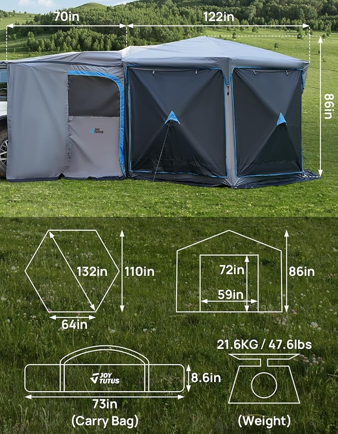 JOYTUTUS Dual-Use Pop up SUV Tent for Camping, 11x11 Ft Outdoor Gazebo Screen, SUV Tailgate Tent for Family Vehicle Camping, Canopy Shelter Portable Carry Bag