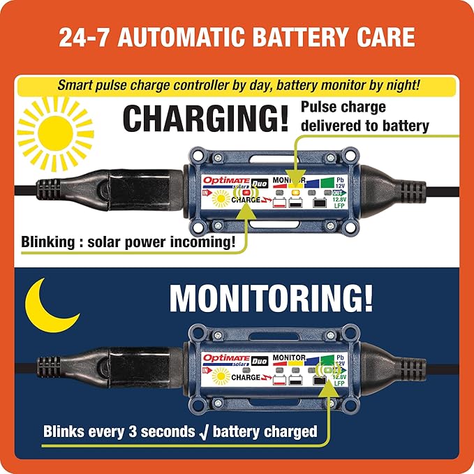 Optimate Solar Duo 10W, TM522-D1, 6-Step 12V / 12.8V 0.83A Weatherproof Solar Battery Saving Charger & maintainer