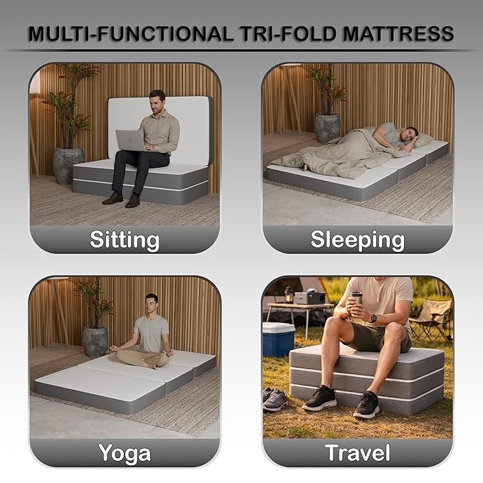Greaton, 4-Inch Tri-Folding Gel Memory Foam Portable Floor Mattress | Breathable Mesh, Ultra Soft, Cot Pad, Removable and Washable Cover, Comfortable Support, Therapeutic Qualities, Full, White