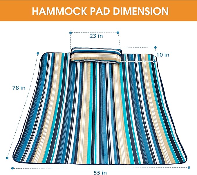 Lazy Daze Hammocks 2 Person Pad with Pillow, Double Polyester Quilted 78" x55" Replacement Hammock Pad for Rope Hammock, Blue Stripes