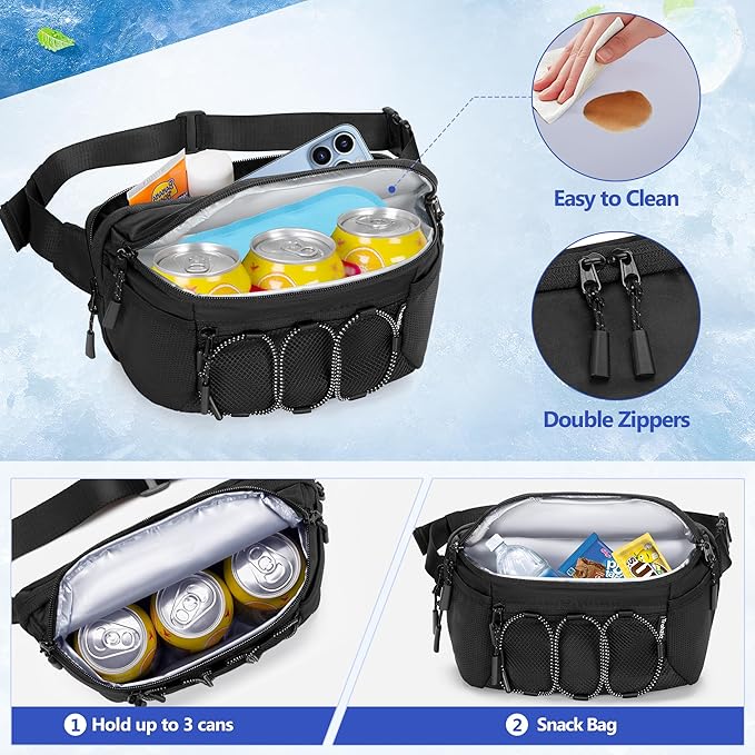 Fanny Pack Cooler, Insulated Waist Pack Snack Bag, Portable Hip Pack for Beach, Camping and Hiking, Black