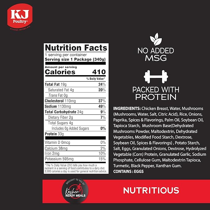 KJ Poultry Kosher Ready Meals - Stuffed Chicken Breast Rice, MRE Meat Meals Ready to Eat, Gluten Free, Halal, (1 Pack) Prepared Entree Fully Cooked, Shelf Stable Microwave Dinner, Travel Military