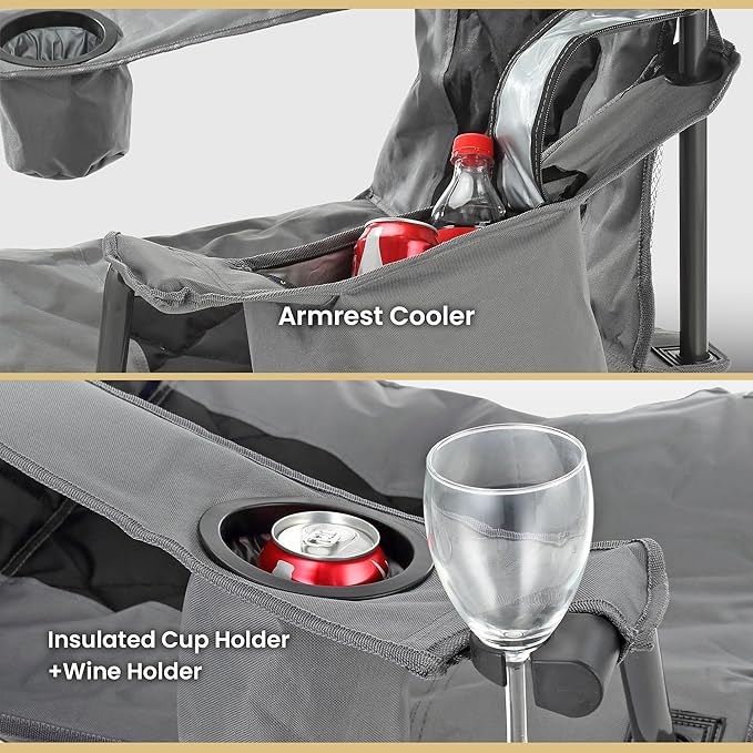 ARROWHEAD OUTDOOR 2-Pack Portable Deluxe Folding Camp Quad Chair w/Headrest, Glass & Cup Holders, Armest 6-can Cooler, Heavy Duty Carry Bag, 550 lbs Weight Capacity