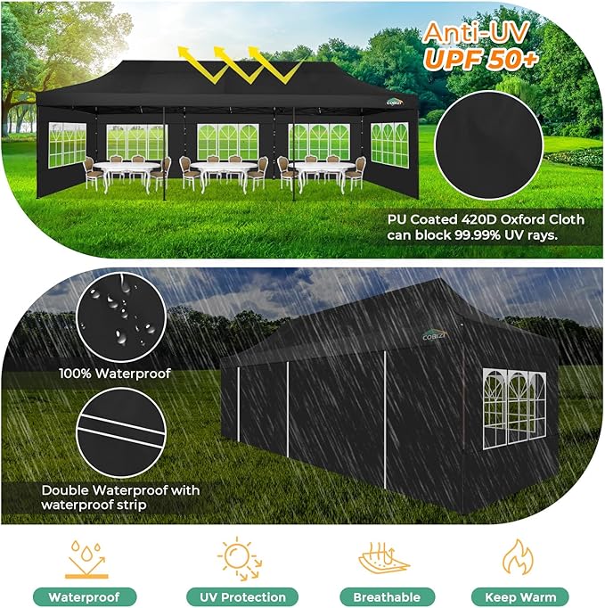 COBIZI Heavy Duty 10x30 pop up Canopy, Commercial10x30 Party Tent for Parties Waterproof Gazebos with 8 Sidewalls, All Season Wind & Waterproof UPF50+,Stable Thickened Frame, Black