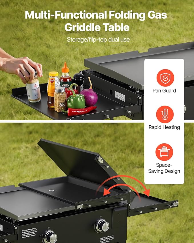 VEVOR Gas Griddle, 2-Burner Flat Top Grill, 28 inch Grill Plate Foldable Propane Griddle with Wheels, 30000 BTU Outdoor Flat Top Grills for Pan-Frying, Grilling, Stir-Frying, & BBQ, Pulse Ignition