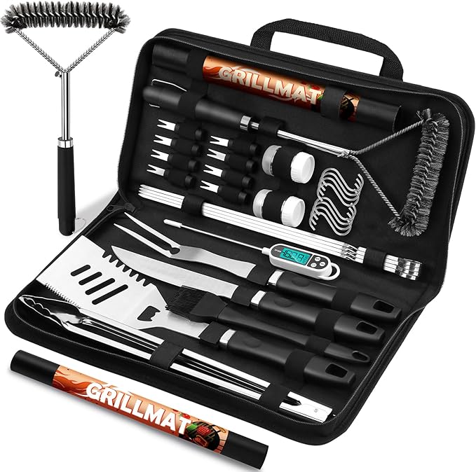 31pcs BBQ Grill Accessories Gifts for Men Dad, Heavy Duty Grilling Tools Gift Set for Father's Day, Stainless Steel BBQ Utensils Kit with Mats, Grill Brush in Carrying Bag Black
