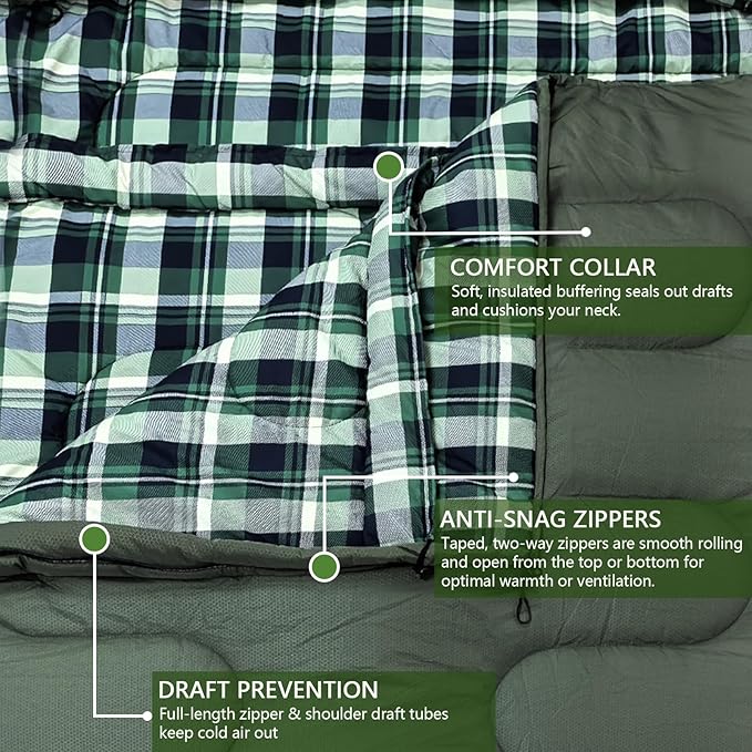 0 Degree Double Sleeping Bag for Adults Queen Size 2 Person Sleeping Bag for Cold Weather with Compression Sack for Car Camping, Hunting and Tent Camp