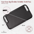 Cuisinel Cast Iron Griddle/Grill + Scraper/Cleaner - Reversible Pre-Seasoned 16.75" X 9.5"-inch Dual Handle Flat Skillet and Griller Pan - Works Indoor/Outdoor, Stove Burner, Gas, Fire
