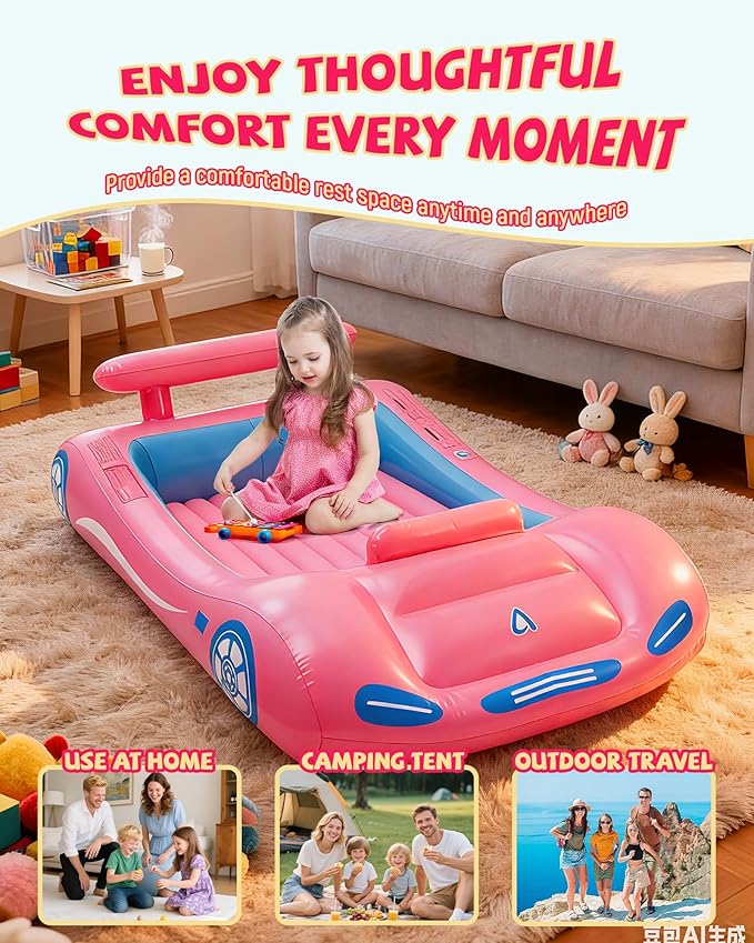 Vikua Inflatable Toddler Travel Bed with Safety Bumpers & Quick-Inflating Pump, Portable Blow Up Air Mattress for Kids with Carry Bag, for Home, Travel, Camping, Sleepovers, 330lbs Support (Pink)