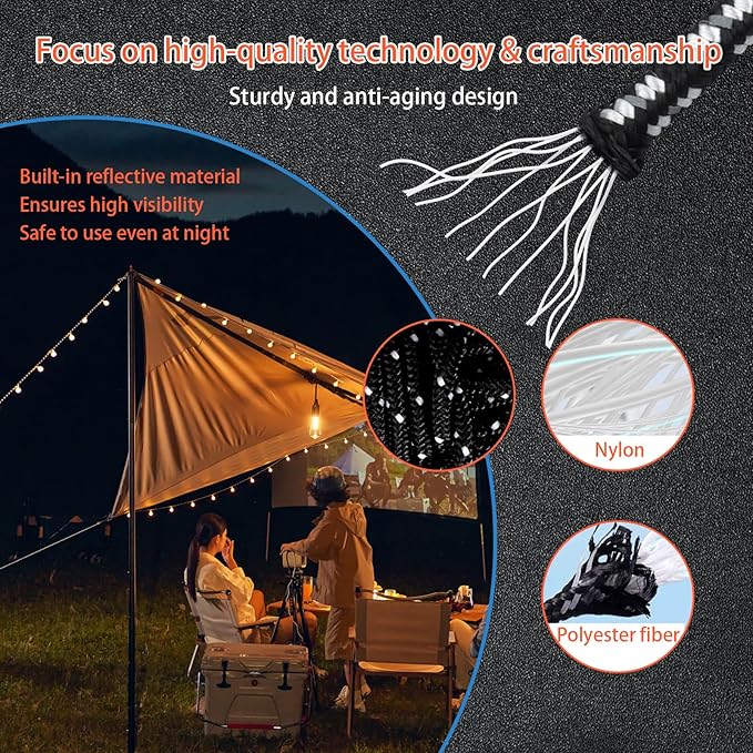 Outdoor Tent Guy Lines, Lightweight Camping Ropes with Aluminum Tensioners and Storage Pouch, Ideal for Tents, Tarps, Canopies, Camping, Hiking and Backpacking（6-Pack | Black）