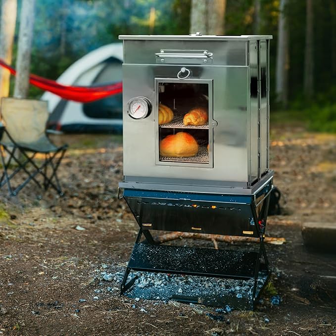 Lineslife Foldable Camping Oven with 2 Tier Grill, Portable 304 Stainless Steel Camping Stove with Thermometer for Use with Propane Stove and Wood Camping Stoves, Outdoor Cooking, Picnic