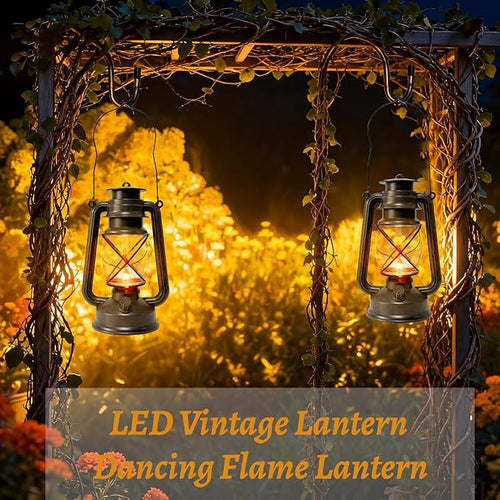 2 Pack LED Vintage Lantern Battery Powered Lanterns with Flame Wick Waterproof Camping Lamp Vintage LED Flame Lamp Hanging Lantern Lights Landscape Patio Garden Pathway Decor for Indoor/Outdoor Use