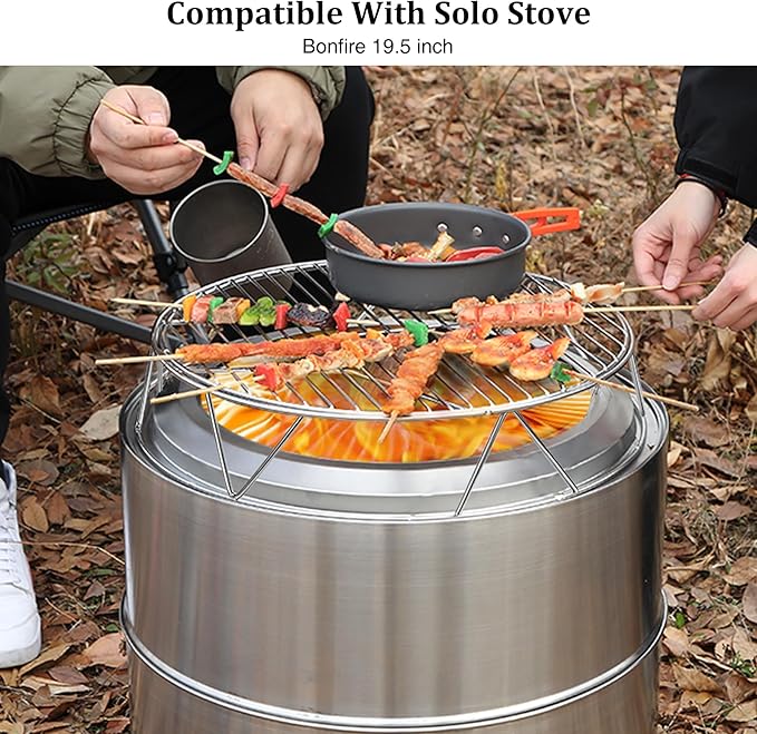 Lineslife Fire Pit Accessory Kit for 19.5" Solo Stove Bonfire and Other Firepit, Stainless Steel Round Grill Cooking Grate & Fire Pit Stand for Outdoor Camping BBQ Picnic Fireplace Tools Silver