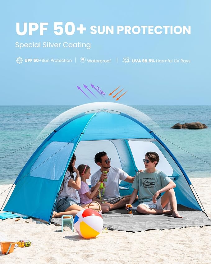 OutdoorMaster Beach Tent for 3/4/6/8 Person - Easy Setup Sun Shade Shelter, Portable Beach Shade Sun Canopy with UPF 50+ UV Protection, Removable Skylight Family Size