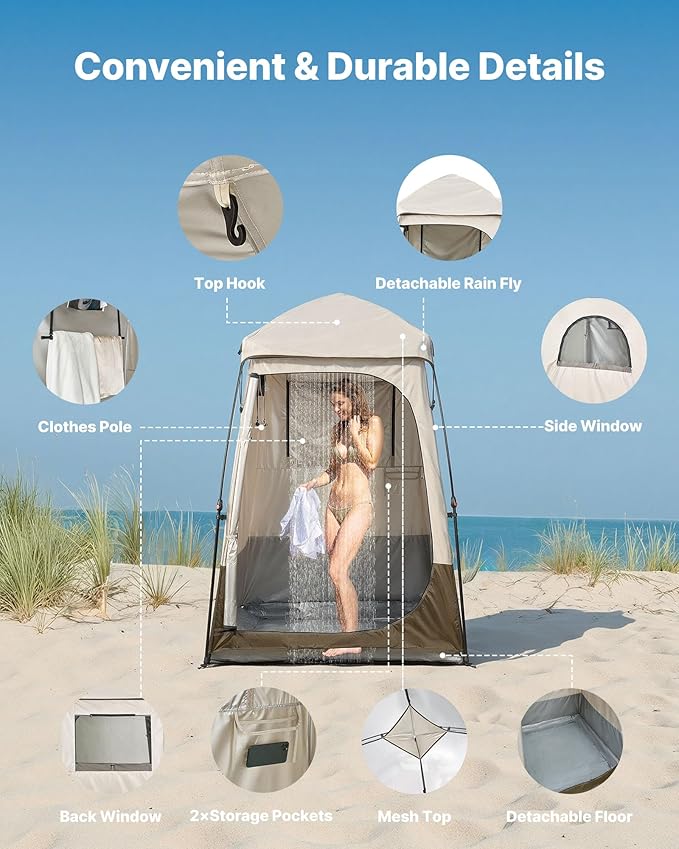 VEVOR Camping Shower Tent, 1 Room, Foldable Privacy Tent Changing Room with Ground Stakes, Ropes, Carry Bag, and Crossbar, 210D Oxford Fabric with Silver Coating, for Camping, Beach, and Fishing