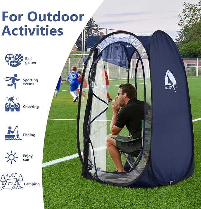 Sports Pod, Kilindeer Pop Up Weather Tent for 1 Person – Portable All-Weather Shelter with Clear TPU Panels, Instant Setup for Outdoor Events, Camping, Hiking, Wind & Rain Protection