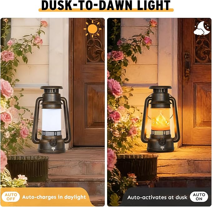 2 Modes Solar Lanterns Outdoor Waterproof, Rechargeable LED Flame Solar Lanterns Decorative Outdoor, Vintage Lantern Hanging Solar Lights for Yard, Porch, Camping, Patio, Garden, Cabin, Gifts (2 Pack)