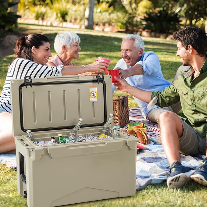 Goplus Hard Cooler, Insulated Ice Chest w/Portable Handles, Cup Holders, Ruler, Bottle Opener, 6 Day Ice Retention for Drink, Beverage, Camping, Fishing, Beach
