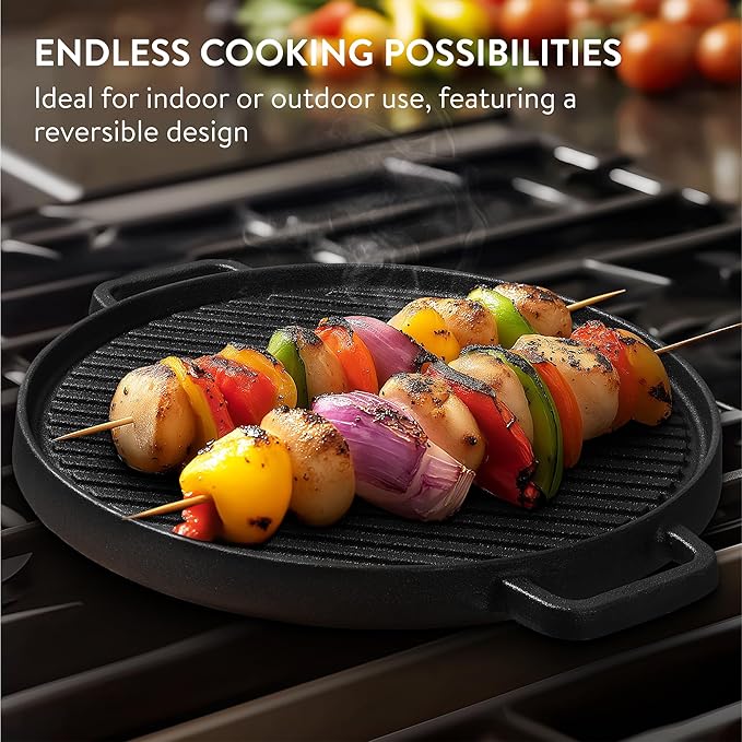 Navaris Reversible Cast Iron Grill/Griddle - 12"(30cm) Pre-Seasoned with Handles, Flat & Ribbed Griddle Plate, Perfect for Stove, Grill, Oven, Campfire, Outdoor Cooking, Heavy-Duty