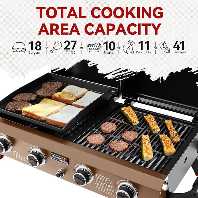 GD4002TPY Portable Tabletop Grill & Griddle Combo with Hood, 4-Burner Portable Propane Gas Grill Griddle Combo for Backyard, Camping, Picnicking and Tailgating, 40,000 BTU, Bronze Gold