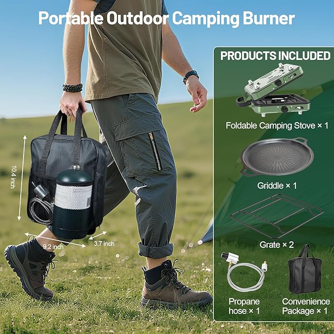 Portable Camping stove, 2 Burner Foldable Camping Stove with Griddle and Carrying Bag & Hose, 8600BTU Portable Propane Camp Stove with Ignition & 2 Adjustable Burners,for Camping Tailgating BBQ Grill