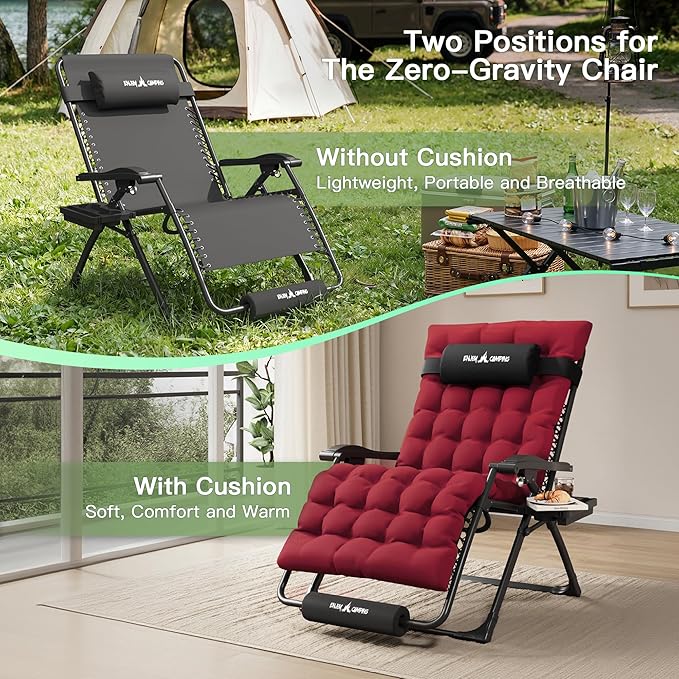 Amopatio Oversized Zero Gravity Padded Chair w/Removable Cushion&Headrest, XXL 33In Reclining Camping Lounge Chair Upgraded Lock and Footrest, Folding Patio Recliner for Indoor Outdoor, Red