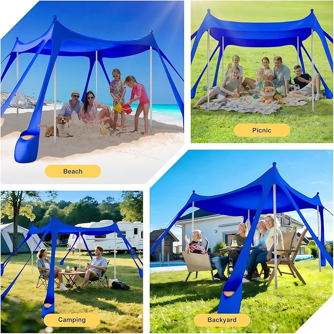 Beach Tent Sun Shelter UPF 50+,10x10 FT Beach Canopy Tent Sun Shade,Pop Up Beach Canopy with 8 Sandbags,Outdoor Beach Shade for Camping Trips, Fishing, Backyard Fun Picnics (Royal Blue)
