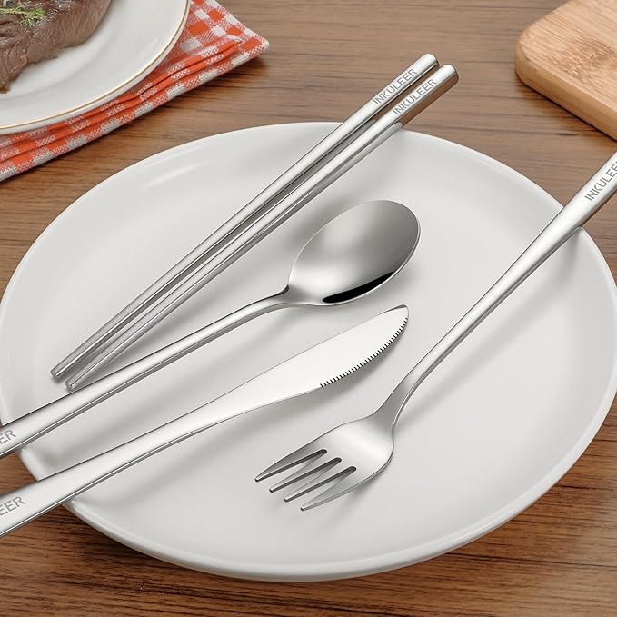 Travel cutlery set, 18/8 stainless steel cutlery, Reusable utensils set with case, Portable Silverware Lunch Box for Camping and Office-Stainless steel
