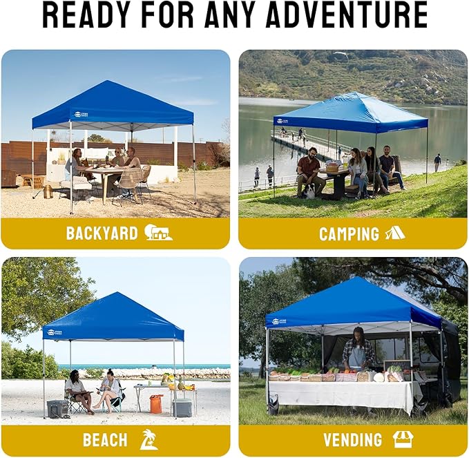 CROWN SHADES 8x8 Pop Up Canopy - Beach Tent with One Push Setup - Easy Outdoor Sun Shade for Events, Parties, Camping - Gazebo with STO-N-Go Cover Bag, Silver Coated Top, Blue