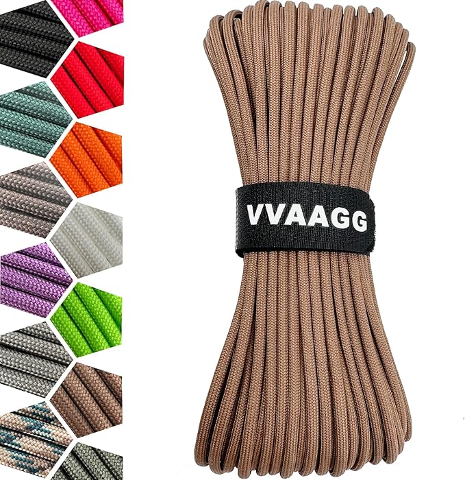 VVAAGG 1000 Tan Paracord100FT Utility Parachute Cord 4mm Nylon String12 Strand Nylon Camping Rope, Tent Rope, Clothsline Rope for Survival & Camping Gear