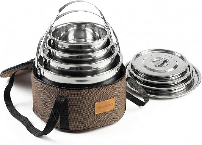 Camping Cookware Set - Compact Stainless Steel Campfire Cooking Pots and Pans | Combo Kit with Travel Tote Bag | Rugged Outdoor Cook Set for Hiking | Barbecues | Beach