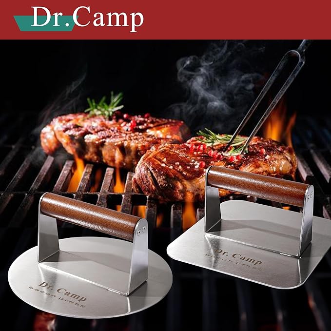 Smash Burger Press 7 Inch, Heavy Duty Stainless Steel Burger Press with Wood Handle, Flat Grill Press for Smash Burgers, Bacon, Griddle & BBQ (Round+Square)