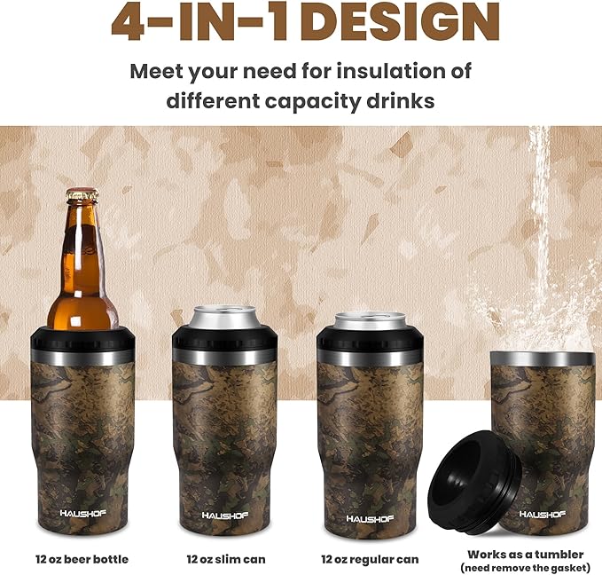 HAUSHOF Can Cooler, 12 oz Slim Can Cooler, 4 in 1 Insulated Beer Can Cooler, Fits for 12 oz Standard Can|12 oz Slim Can|12 oz Beer Bottle, Perfect for Camping, Beach, Picnic