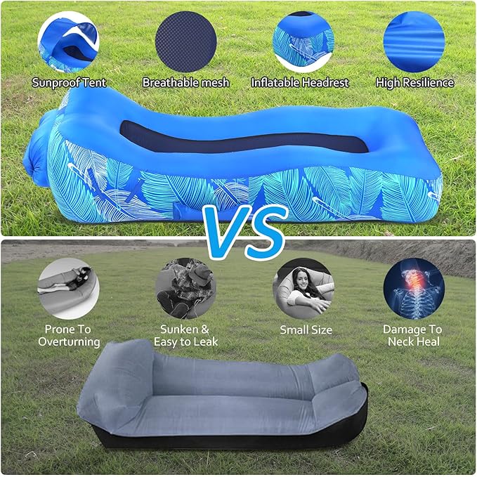 Inflatable Lounger Air Sofa with Unique Sun-Shade Design, Inflatable Beach Bed with Pillow, Waterproof Inflatable Couch Camping Chair Hammock for Hiking Backyard Travel Beach Park Picnics