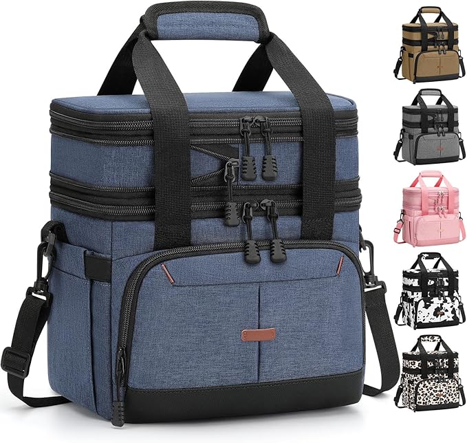 Lunch Box For Men Women Double Deck Insulated Lunch Bag For Men Woman Leakproof Expandable Cooler Bag with Adjustable Shoulder Strap for Work Picnic School(Blue,Medium)