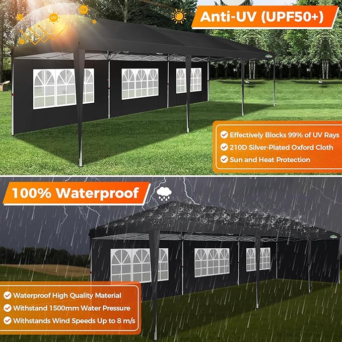 COBIZI 10x30 Pop Up Canopy Tent with Removable Sidewalls, Waterproof Portable Easy Up Canopy with Carry Bag, Instant Outdoor Shelter Tents for Parties, Events, Backyard Gatherings, Weddings, Black