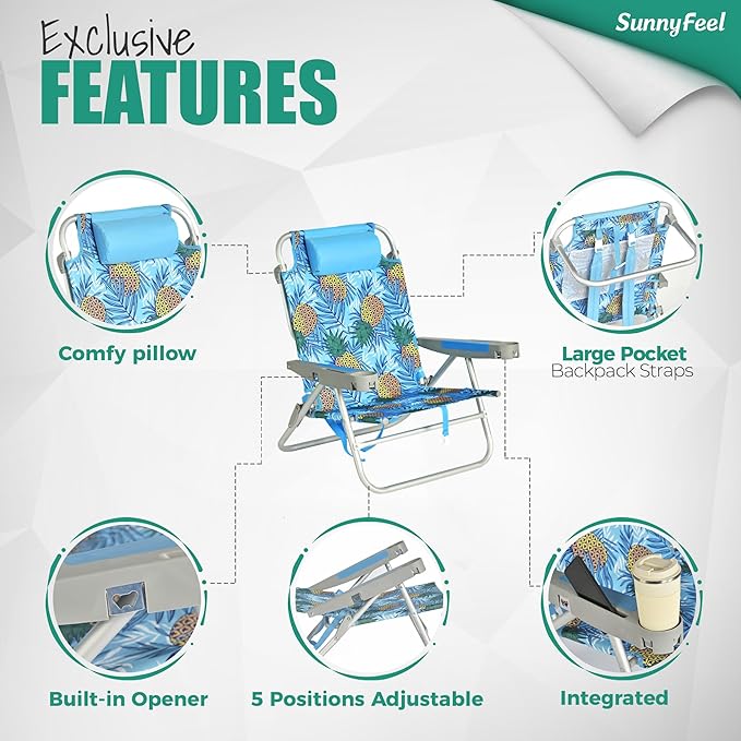 SUNNYFEEL Extra Wide 28" Low Beach Chair 5 Position Lay Flat, XL Oversized Portable Folding Camping Chairs with Cup Holder for Outdoor/Trip, Lightweight Foldable Backpack Beach Chair for Adults